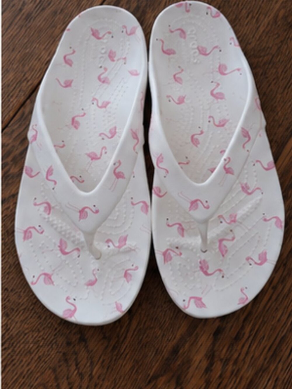 Crocs Flamingo Print Flip Flops White Pink Comfort Sandals Size 8 - Picture 3 of 7